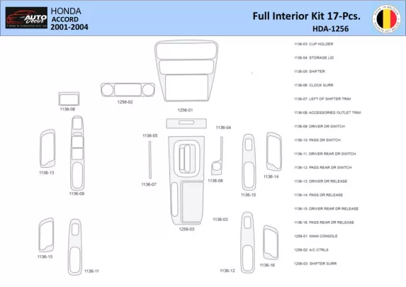 Honda Accord 2001-2004 Intérieur WHZ Kit de garniture de tableau de bord 17 pièces - 1