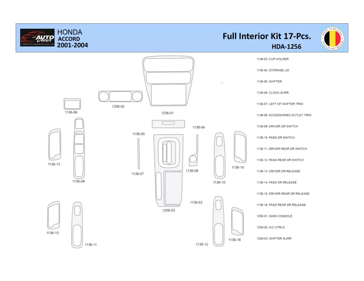 Honda Accord 2001-2004 Intérieur WHZ Kit de garniture de tableau de bord 17 pièces - 1