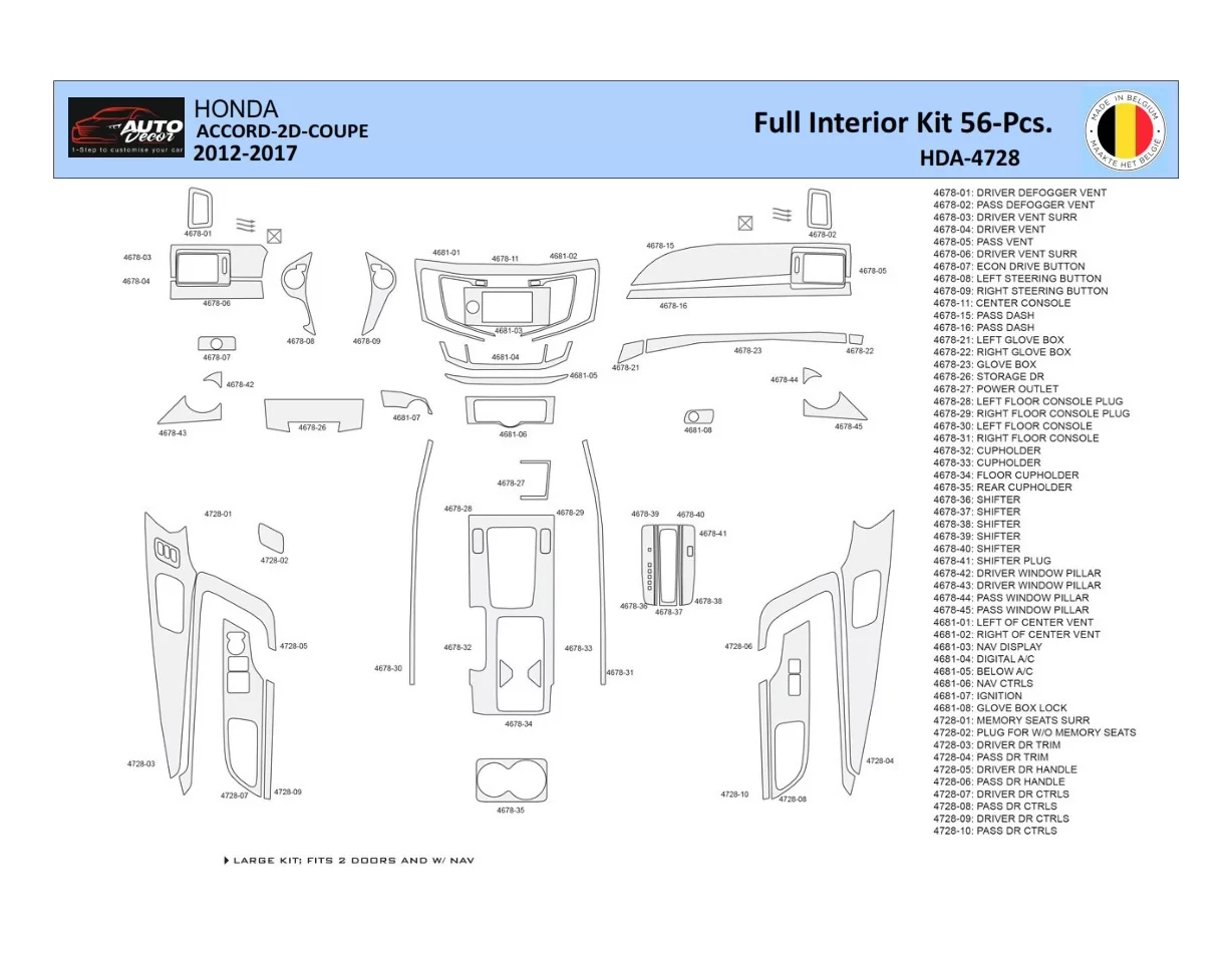 Honda Accord 2014-2022 Intérieur WHZ Kit de garniture de tableau de bord 56 pièces - 1