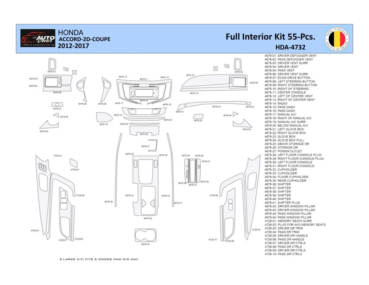 Honda Accord 2014-2022 Intérieur WHZ Kit de garniture de tableau de bord 55 pièces - 1