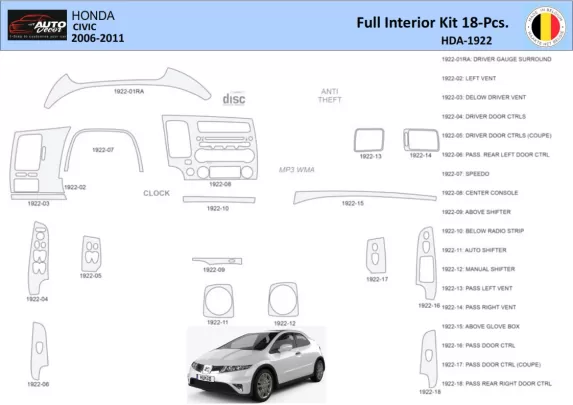 Honda Civic 2006-2011 Intérieur WHZ Kit de garniture de tableau de bord 18 pièces - 1