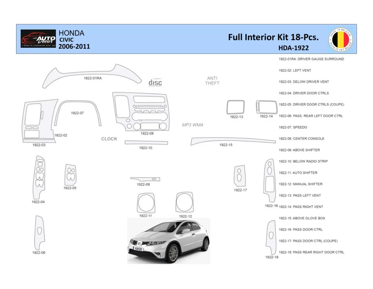 Honda Civic 2006-2011 Intérieur WHZ Kit de garniture de tableau de bord 18 pièces - 1