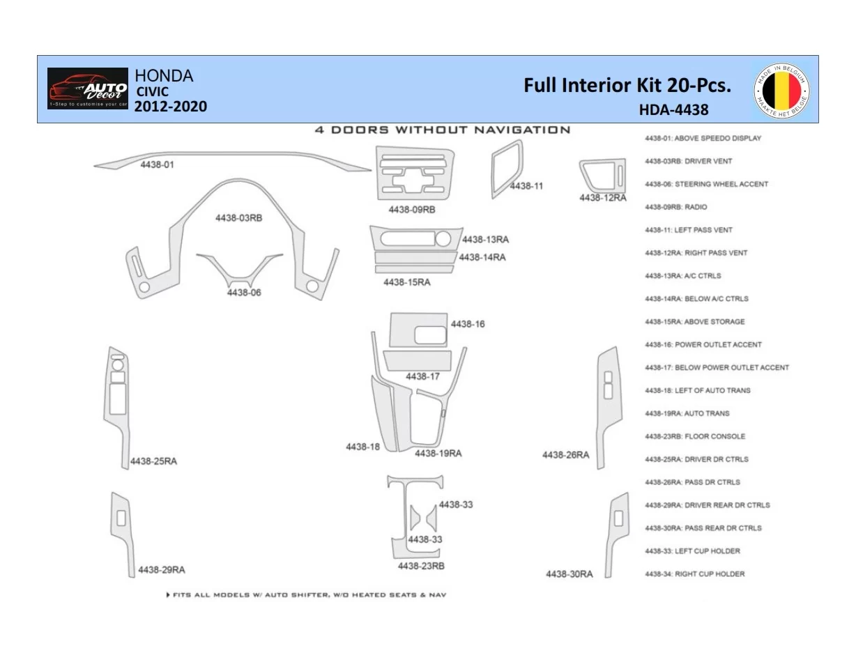 Honda Civic X 2012-2015 Intérieur WHZ Kit de garniture de tableau de bord 20 pièces - 1