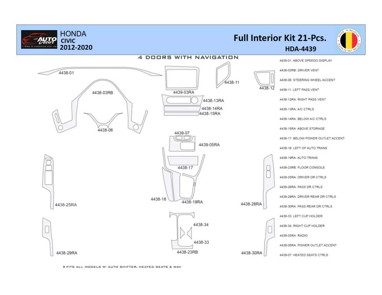 Honda Civic X 2012-2015 Intérieur WHZ Kit de garniture de tableau de bord 21 pièces - 1