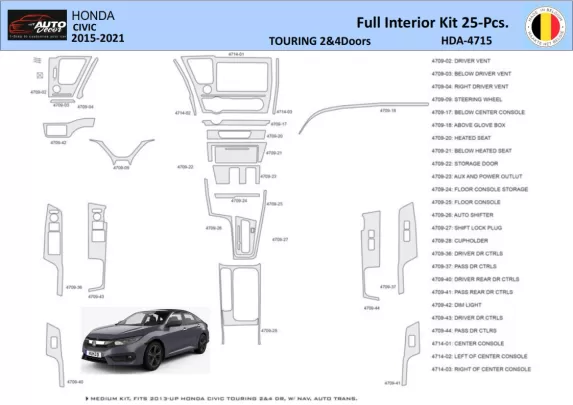 Honda Civic XI 2015-2021 Interior WHZ Dashboard trim kit 25 Parts - 1 - Interior Dash Trim Kit