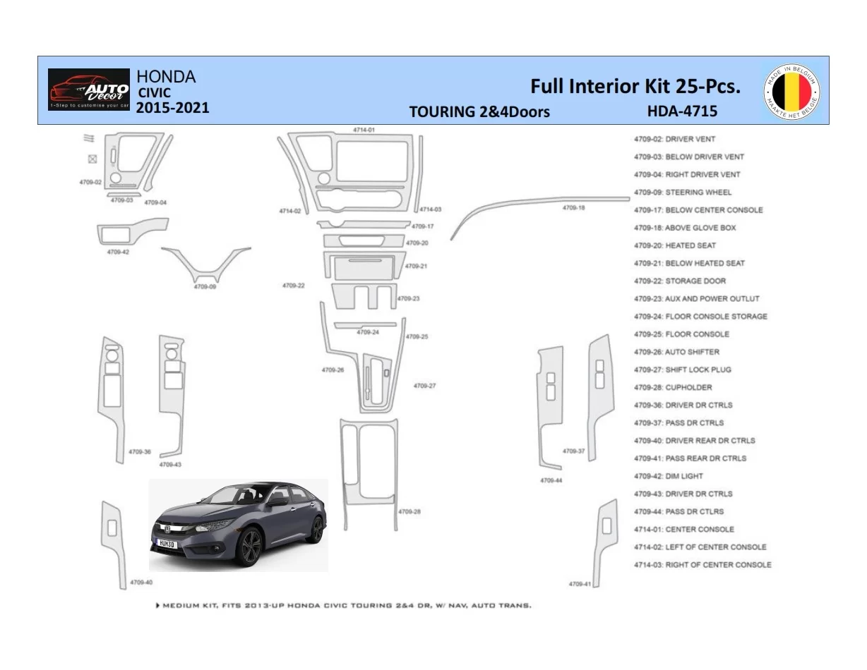 Honda Civic XI 2015-2021 Interior WHZ Dashboard trim kit 25 Parts - 1 - Interior Dash Trim Kit