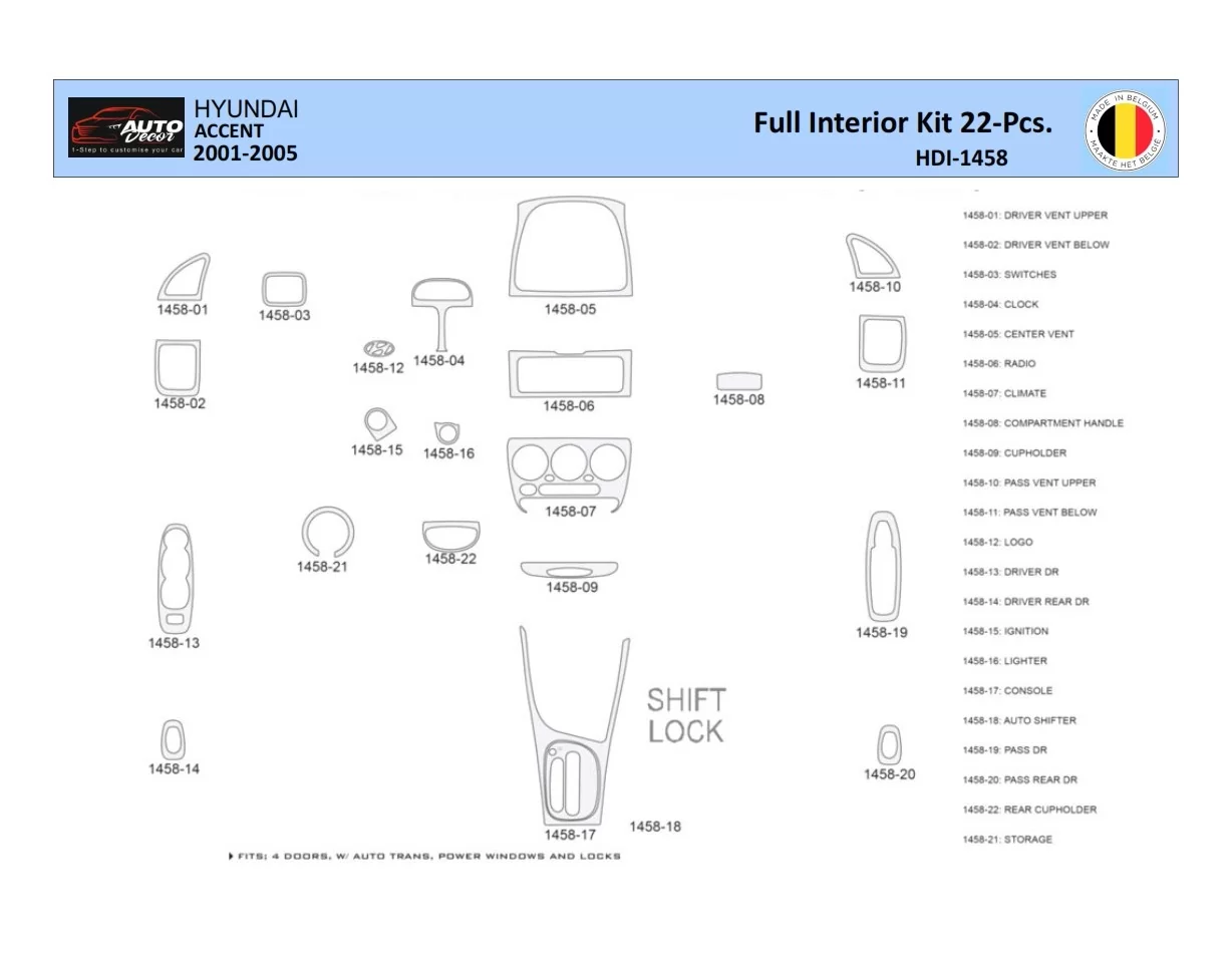 Hyundai Accent 2001-2005 Intérieur WHZ Kit de garniture de tableau de bord 22 pièces - 1