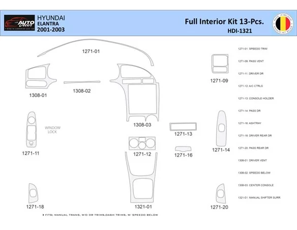 Hyundai Elantra 2001-2003 Intérieur WHZ Kit de garniture de tableau de bord 13 pièces - 1