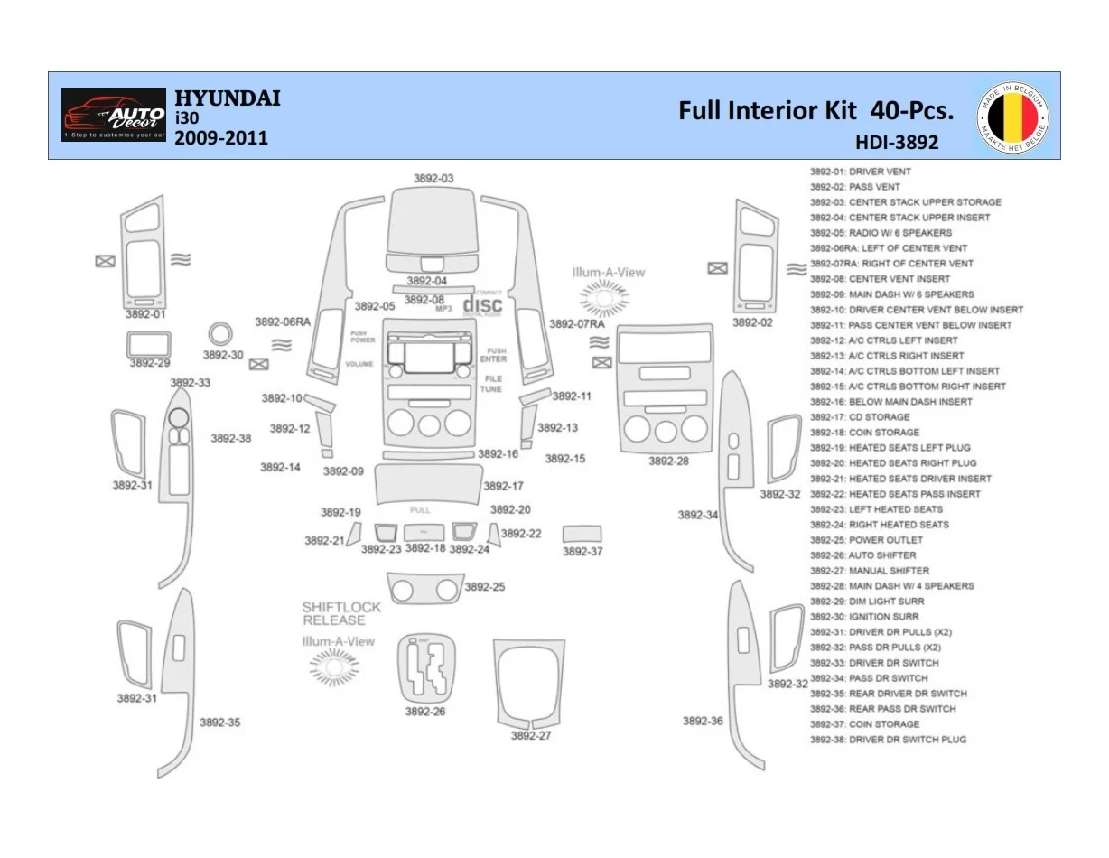 Hyundai-i30 2009-2011 Intérieur WHZ Kit de garniture de tableau de bord 40 pièces - 1