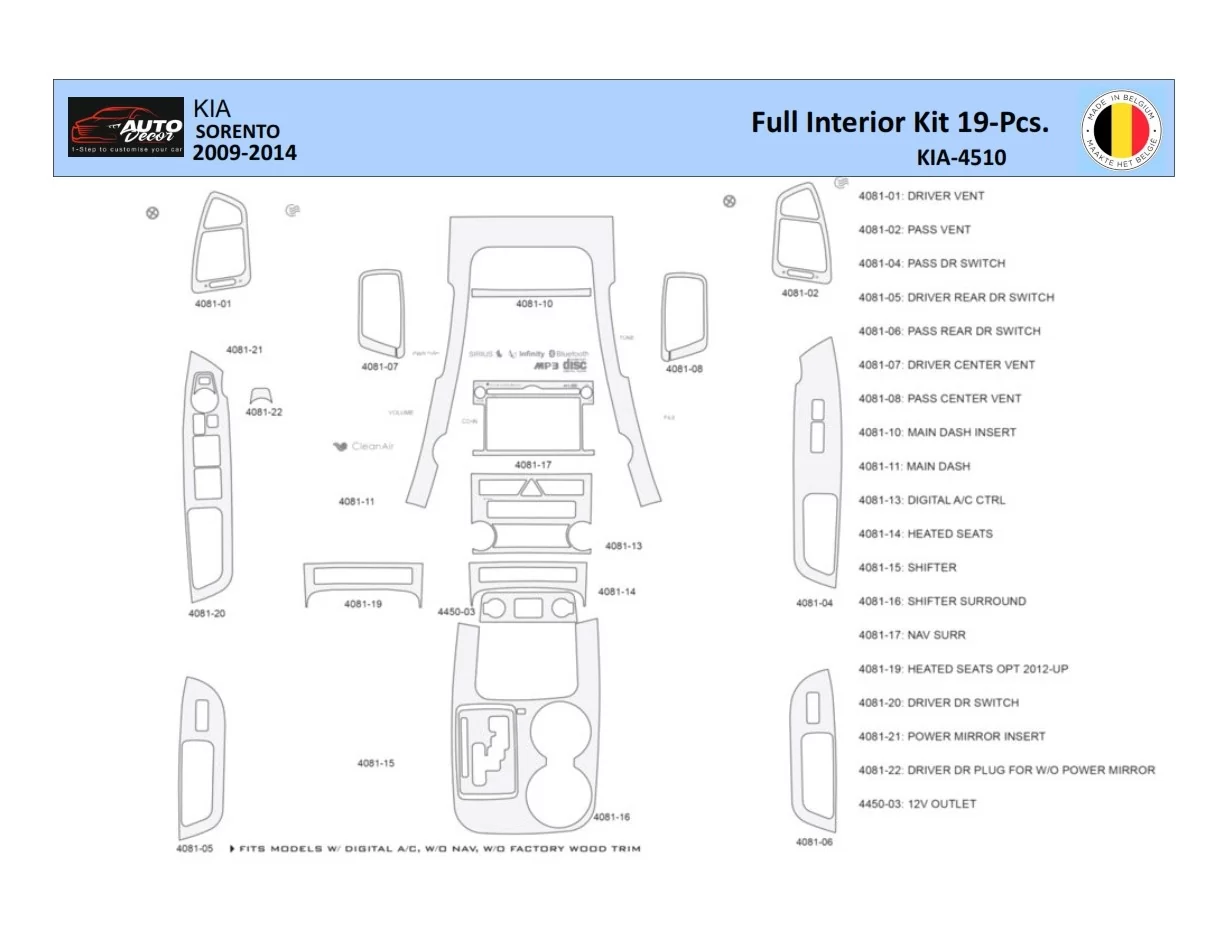 KIA Sorento 2011 Intérieur WHZ Kit de garniture de tableau de bord 19 pièces - 1