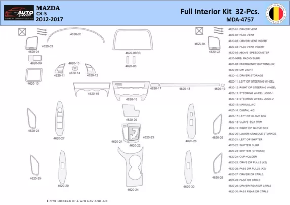 Mazda CX5 2012-2017 Intérieur WHZ Kit de garniture de tableau de bord 32 pièces - 1