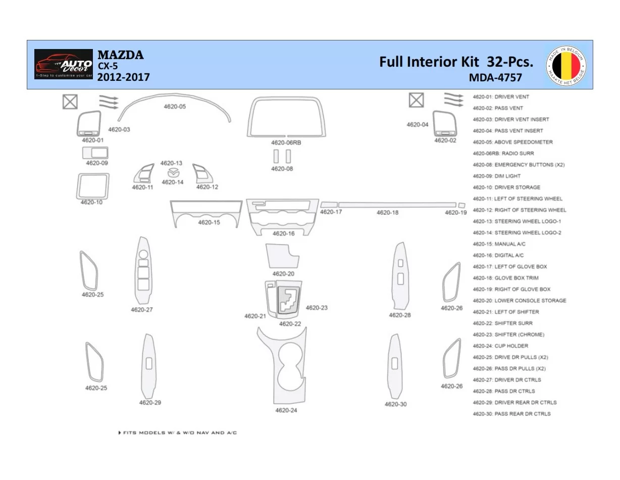 Mazda CX5 2012-2017 Intérieur WHZ Kit de garniture de tableau de bord 32 pièces - 1