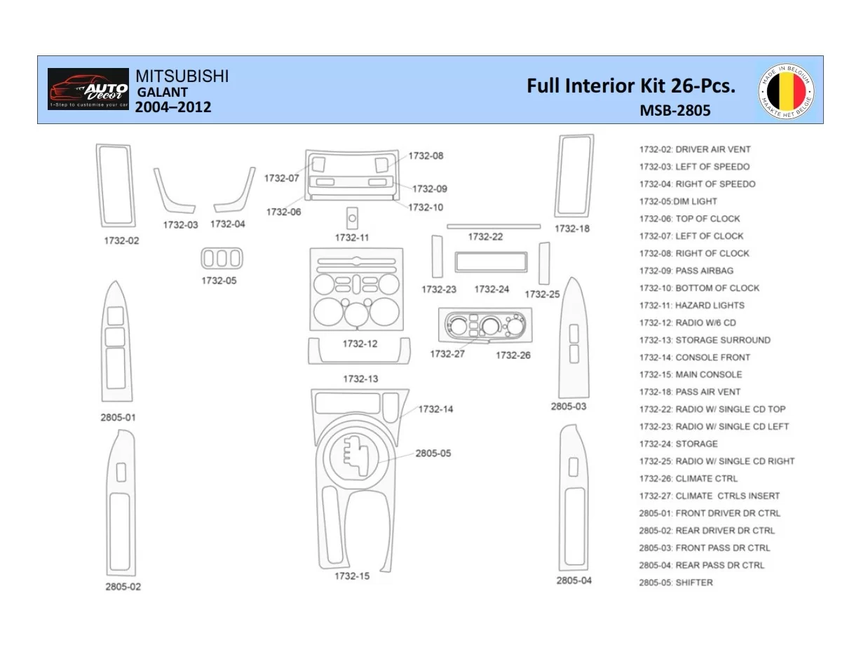 Mitsubishi Galant 2004-2012 Intérieur WHZ Kit de garniture de tableau de bord 26 pièces - 1
