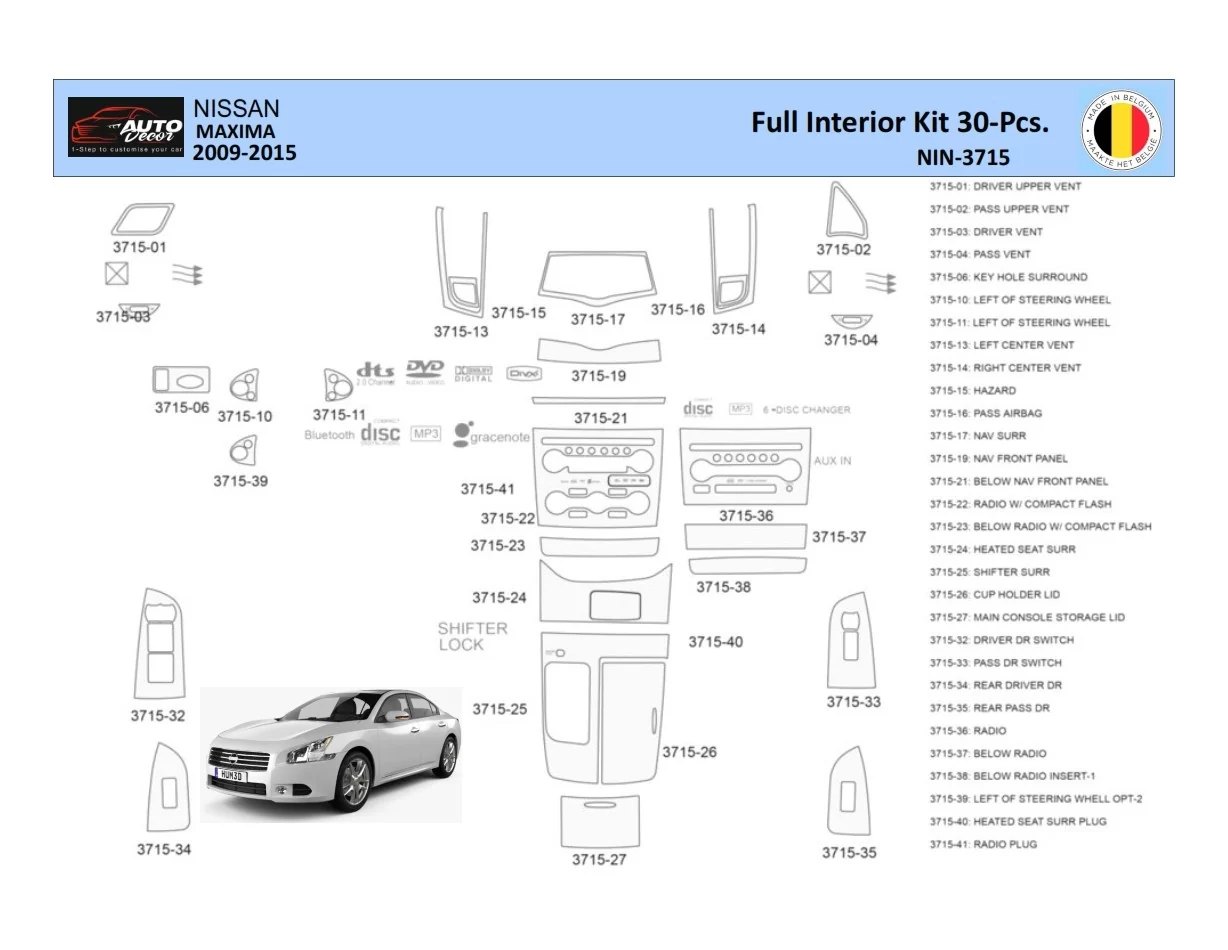 Nissan Maxima 2009-2015 Intérieur WHZ Kit de garniture de tableau de bord 30 pièces - 1
