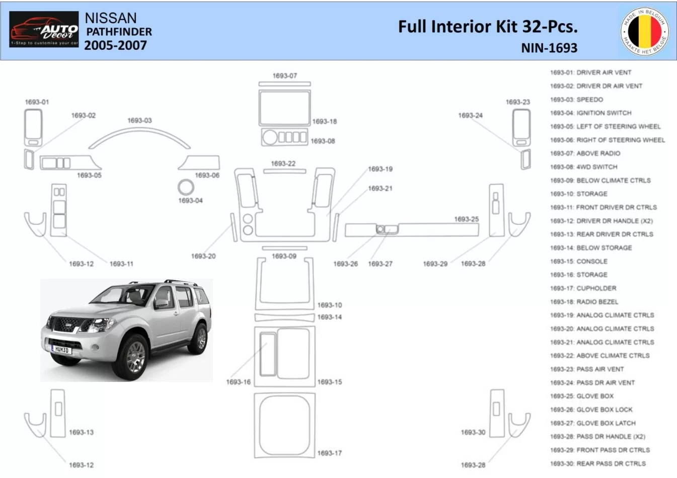 Nissan Pathfinder 205 Intérieur WHZ Kit de garniture de tableau de bord 32 pièces - 1