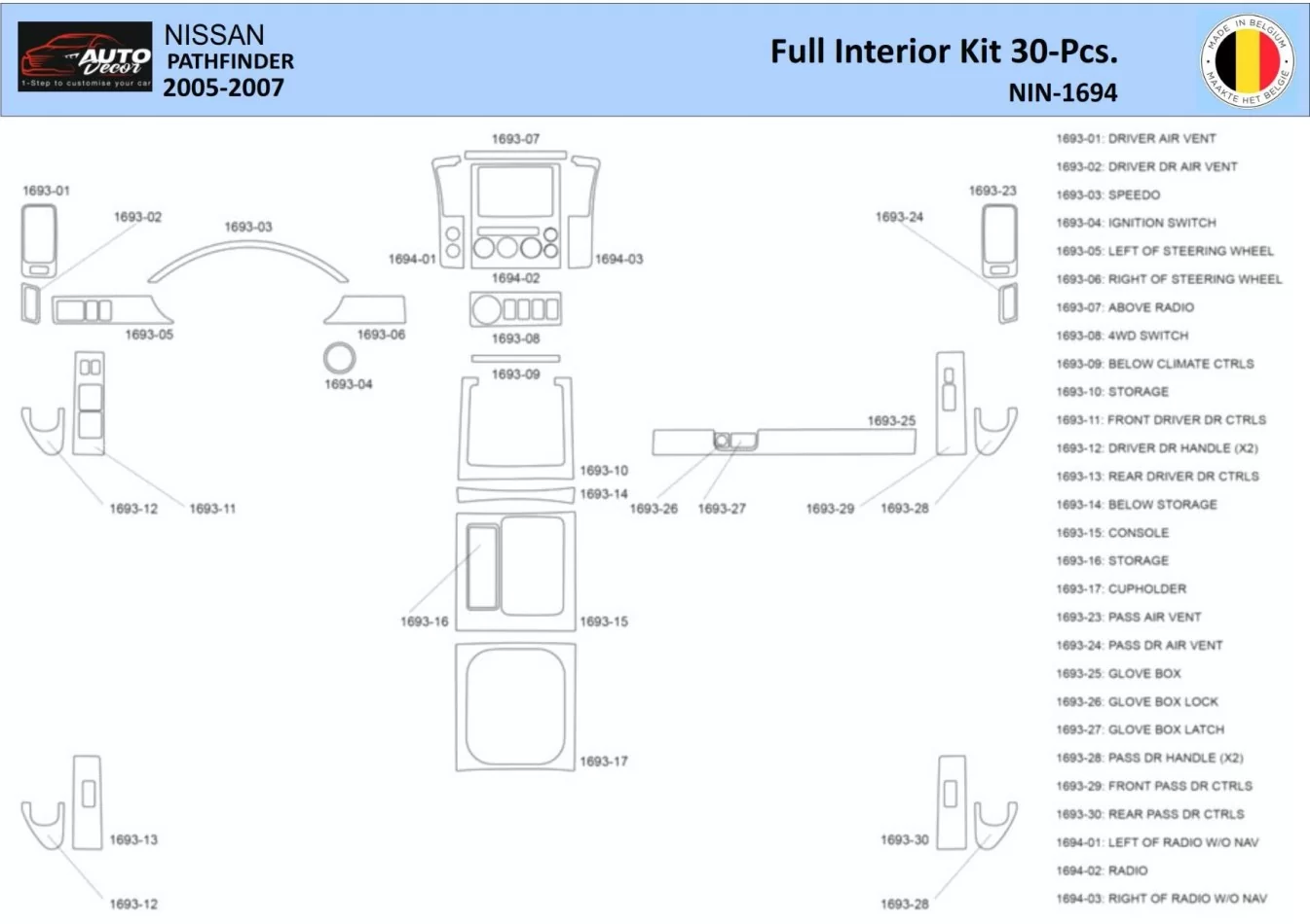 Nissan Pathfinder 205 Intérieur WHZ Kit de garniture de tableau de bord 30 pièces - 1