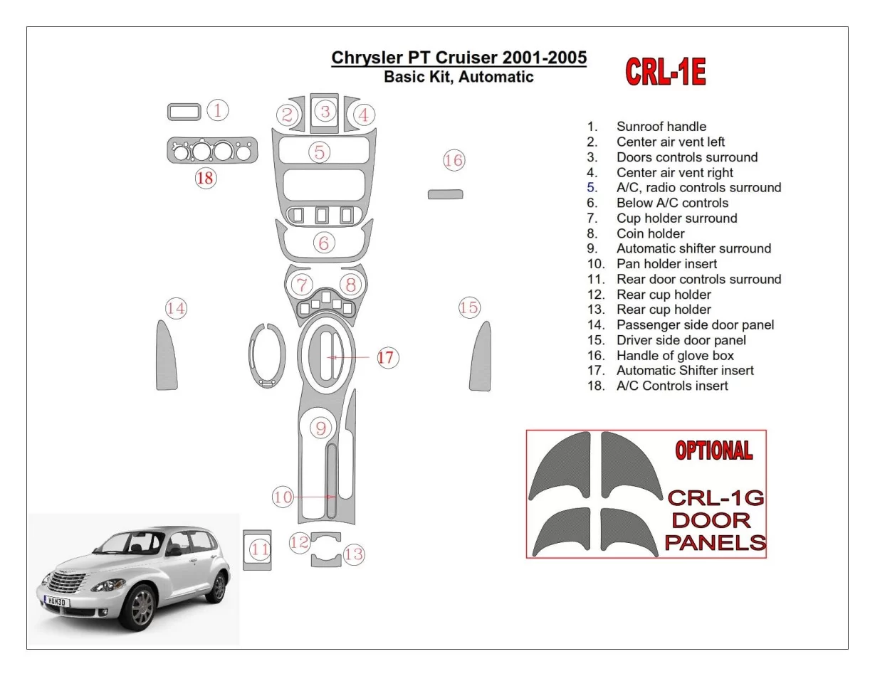 Chrysler PT Cruiser 2001-2005 Ensemble de base, boîte de vitesses automatique, ensemble de 17 pièces Kit de garniture de tableau