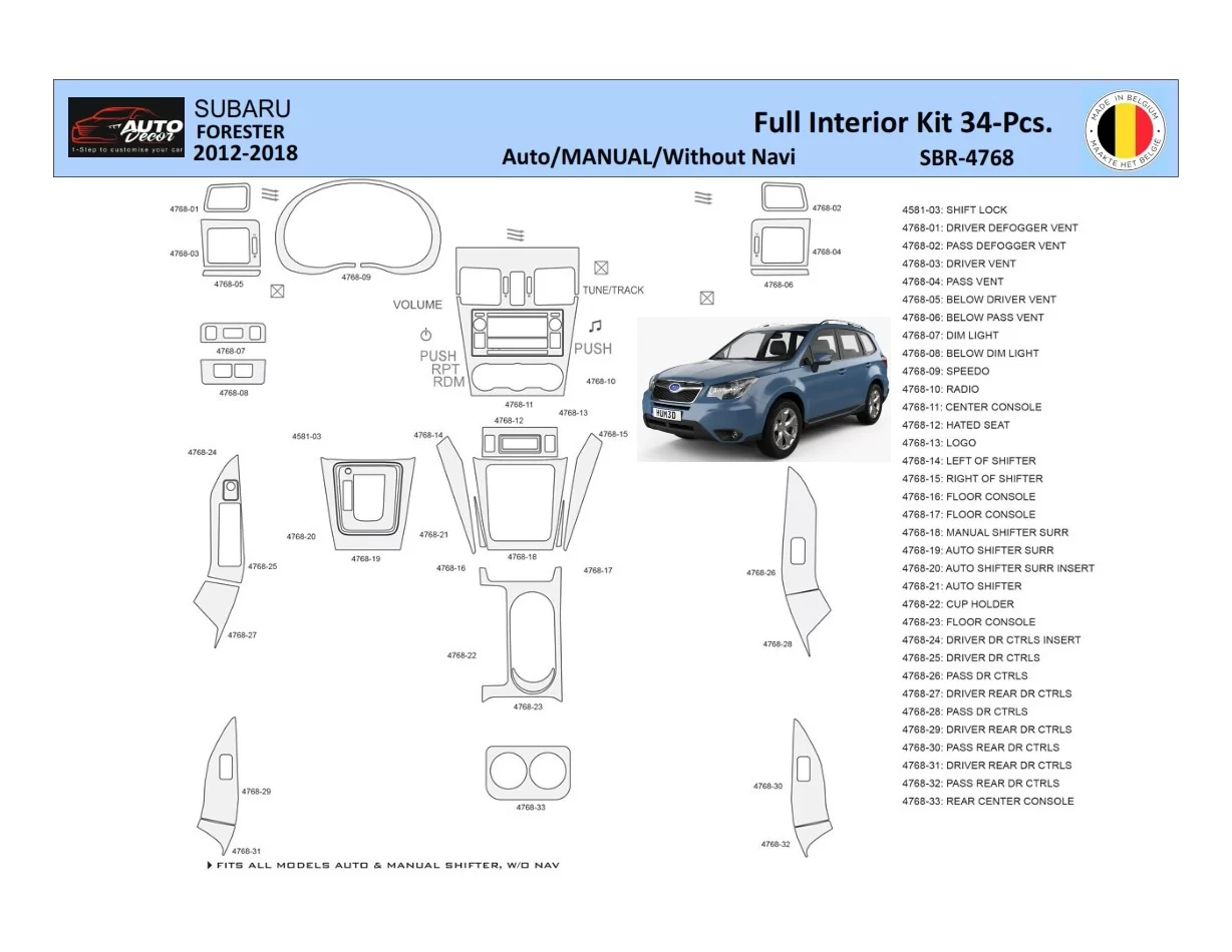 Subaru Forester 2012-2018 Intérieur WHZ Kit de garniture de tableau de bord 34 pièces - 1