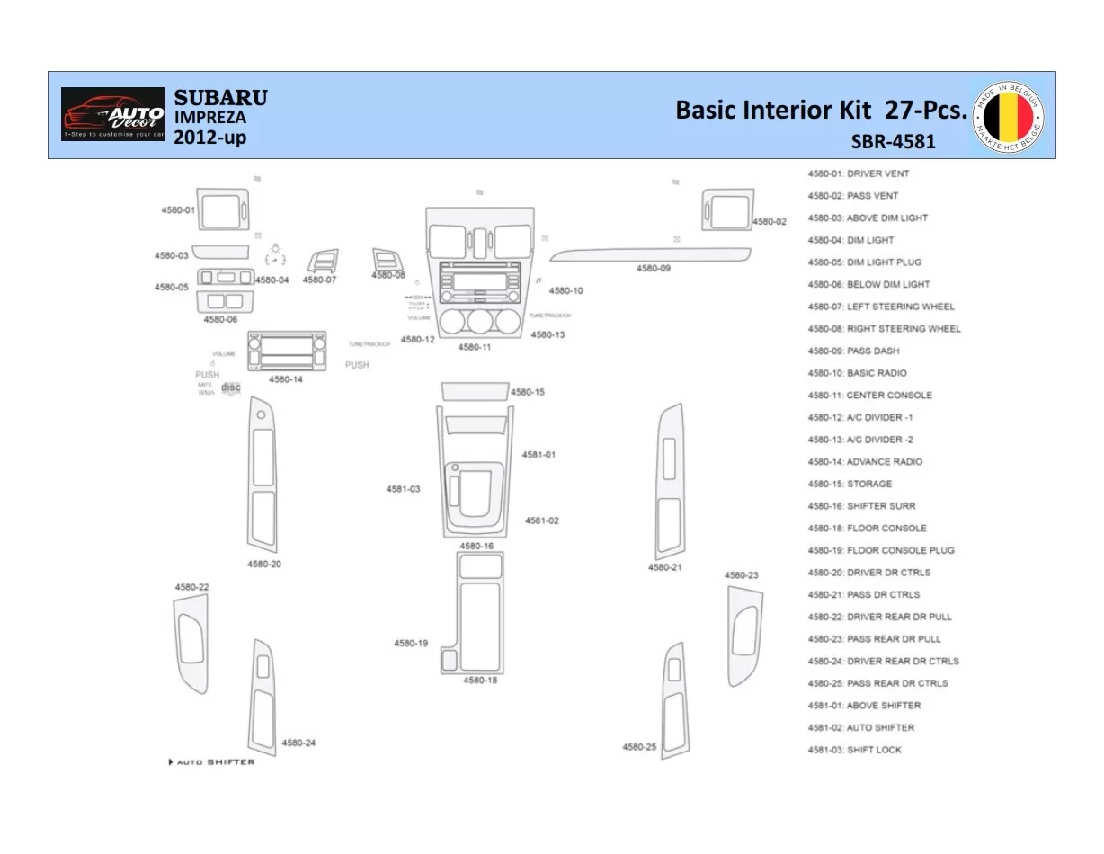 Subaru Impreza 2012 Intérieur WHZ Kit de garniture de tableau de bord 27 pièces - 1
