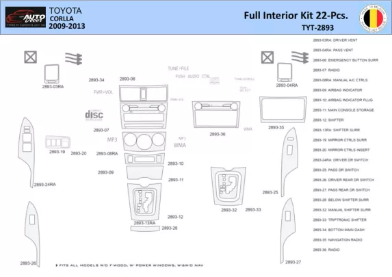 Toyota Corolla 2009 Interieur WHZ Dashboard trim kit 22 delig - 1