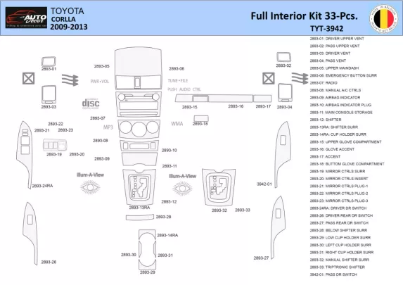Toyota Corolla 2009 Intérieur WHZ Kit de garniture de tableau de bord 33 pièces - 1