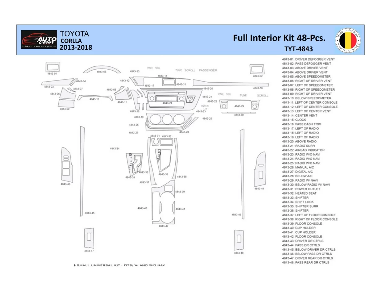 Toyota Corolla 2013-2018 Intérieur WHZ Kit de garniture de tableau de bord 48 pièces - 1