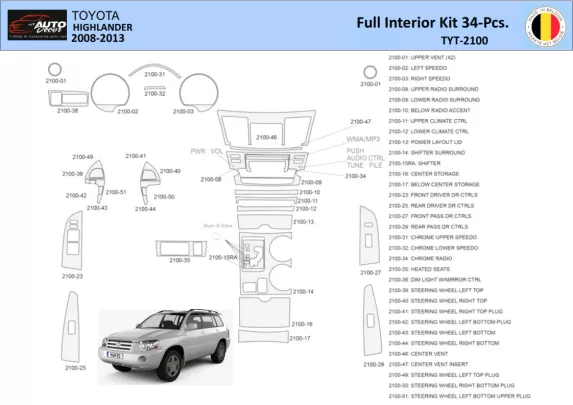 Toyota Highlander 2008-2013 Intérieur WHZ Kit de garniture de tableau de bord 34 pièces - 1