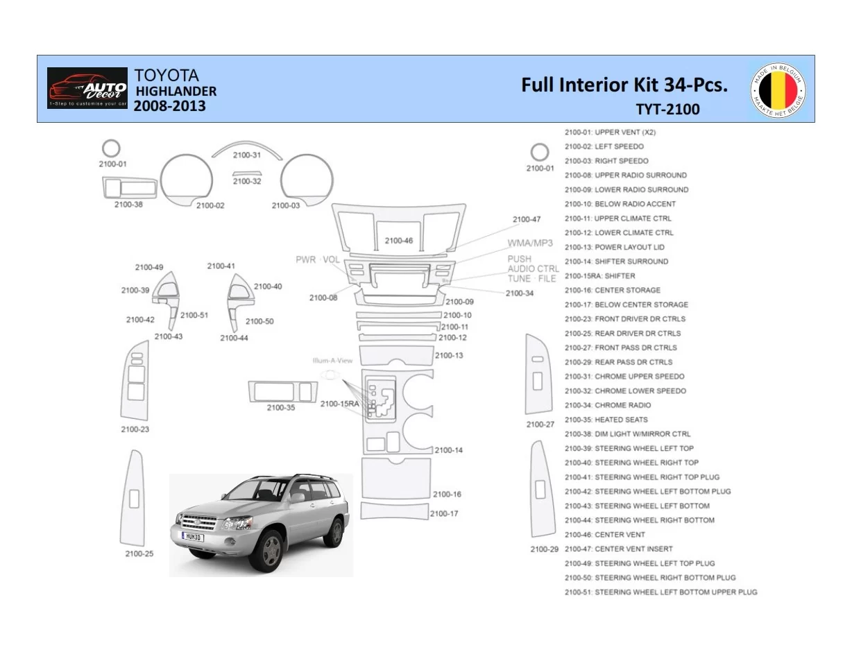 Toyota Highlander 2008-2013 Intérieur WHZ Kit de garniture de tableau de bord 34 pièces - 1