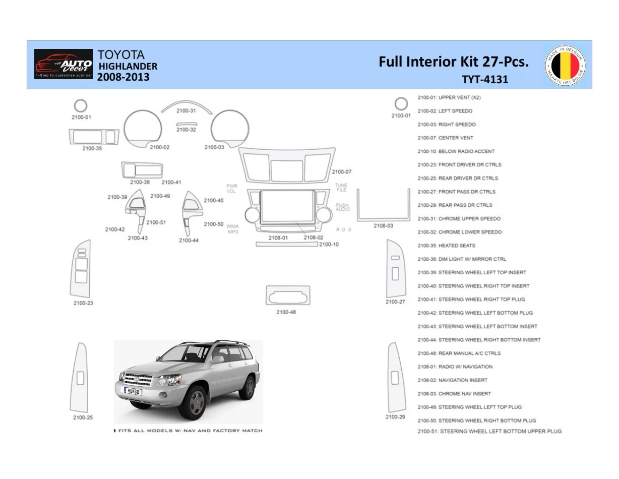 Toyota Highlander 2008-2013 Interieur WHZ Dashboard trim kit 27 delig - 1