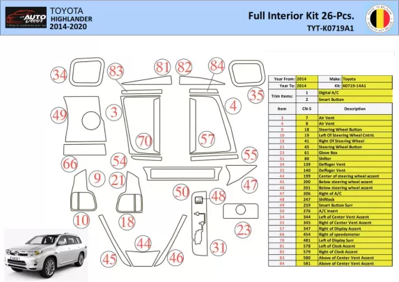 Toyota Highlander 2013-2016 Interieur WHZ Dashboard trim kit 26 delig - 1