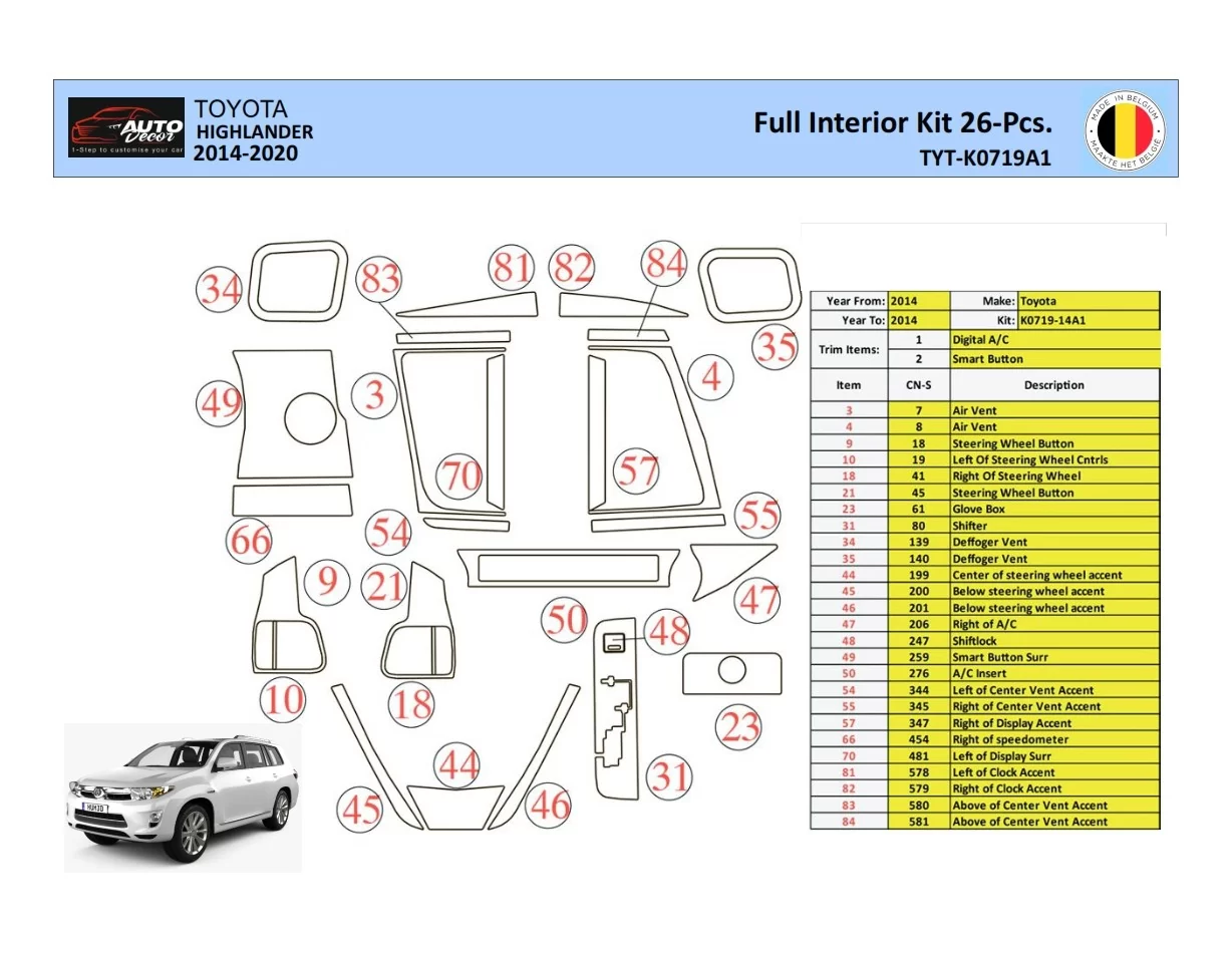 Toyota Highlander 2013-2016 Interieur WHZ Dashboard trim kit 26 delig - 1
