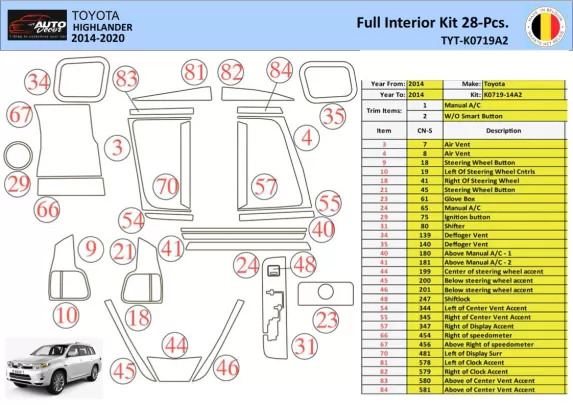 Toyota Highlander 2013-2016 Intérieur WHZ Kit de garniture de tableau de bord 28 pièces - 1