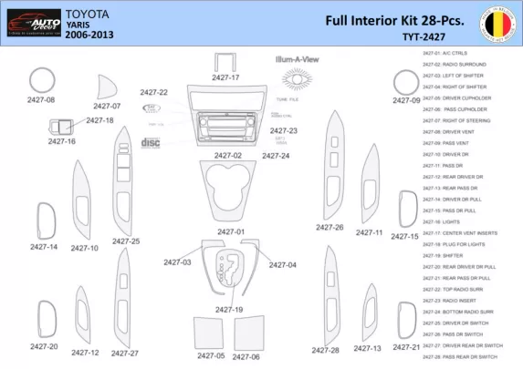 Toyota Yaris 2006-2013 Intérieur WHZ Kit de garniture de tableau de bord 28 pièces - 1