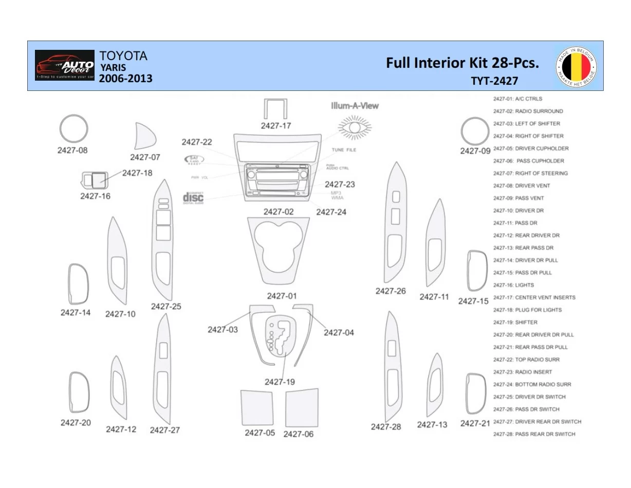 Toyota Yaris 2006-2013 Intérieur WHZ Kit de garniture de tableau de bord 28 pièces - 1