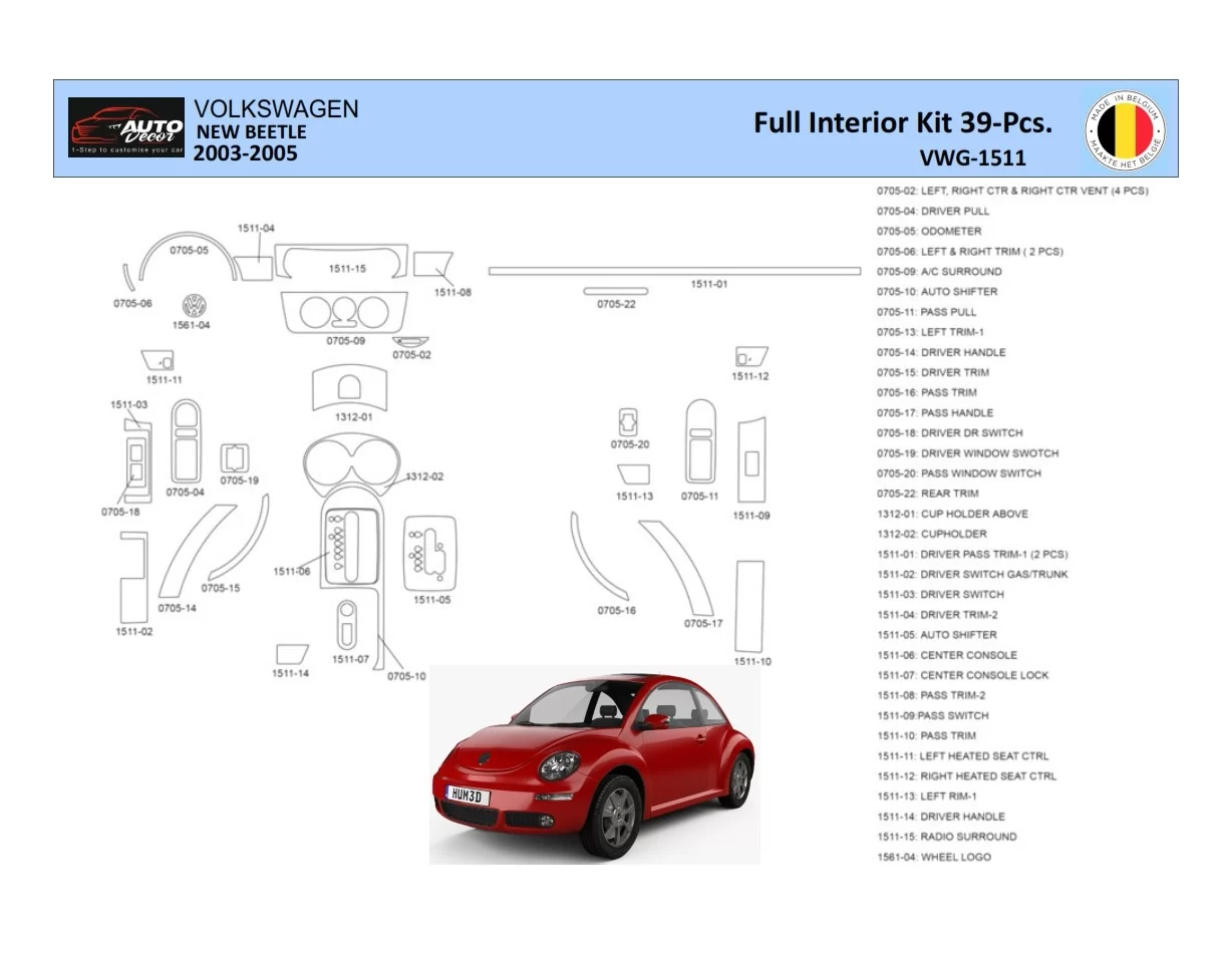 VolksWagen Beetle 2002-2005 Intérieur WHZ Kit de garniture de tableau de bord 41 pièces - 1