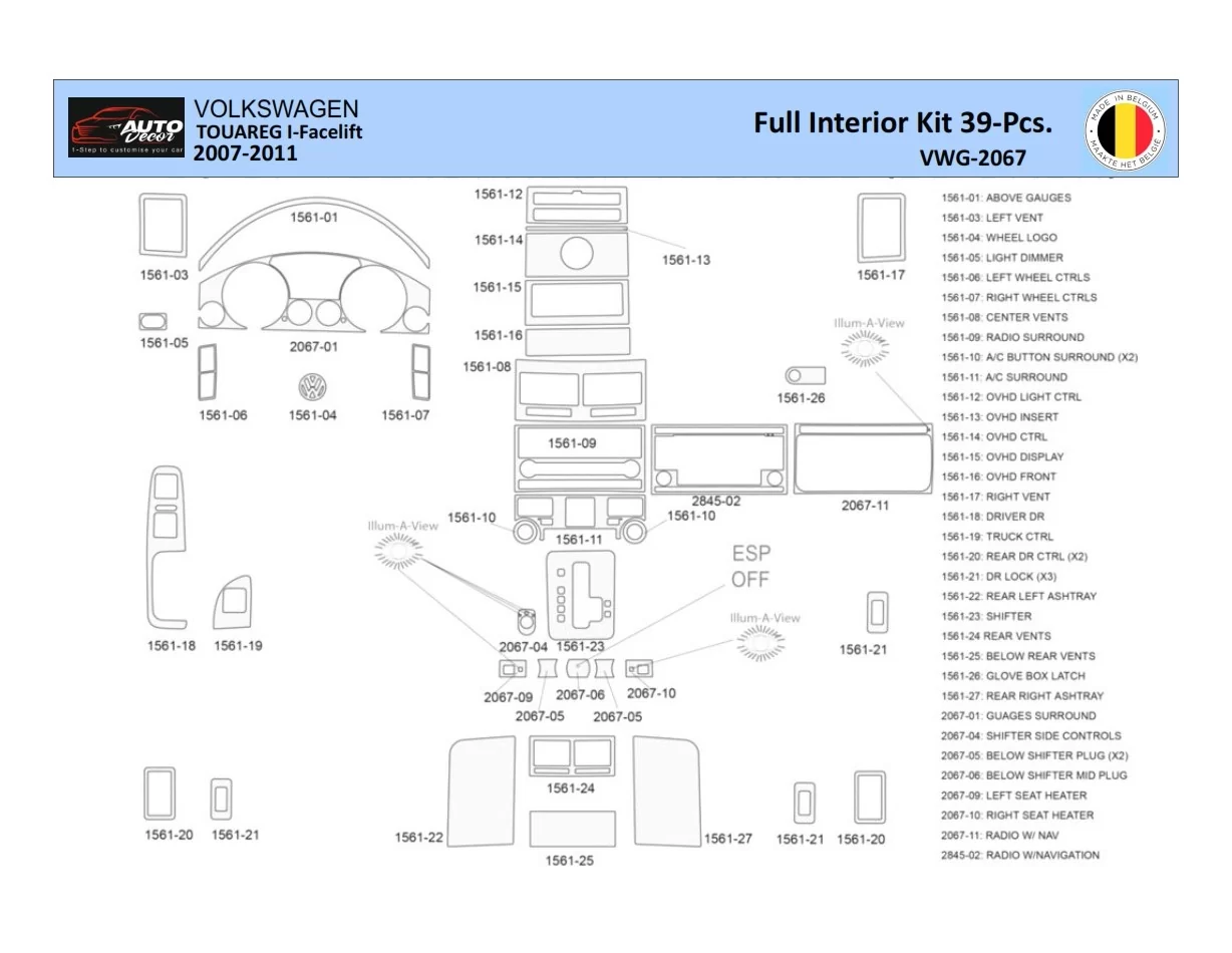 Volkswagen Touareg 2003-2007 Intérieur WHZ Kit d'habillage tableau de bord 39 Pièces - 1