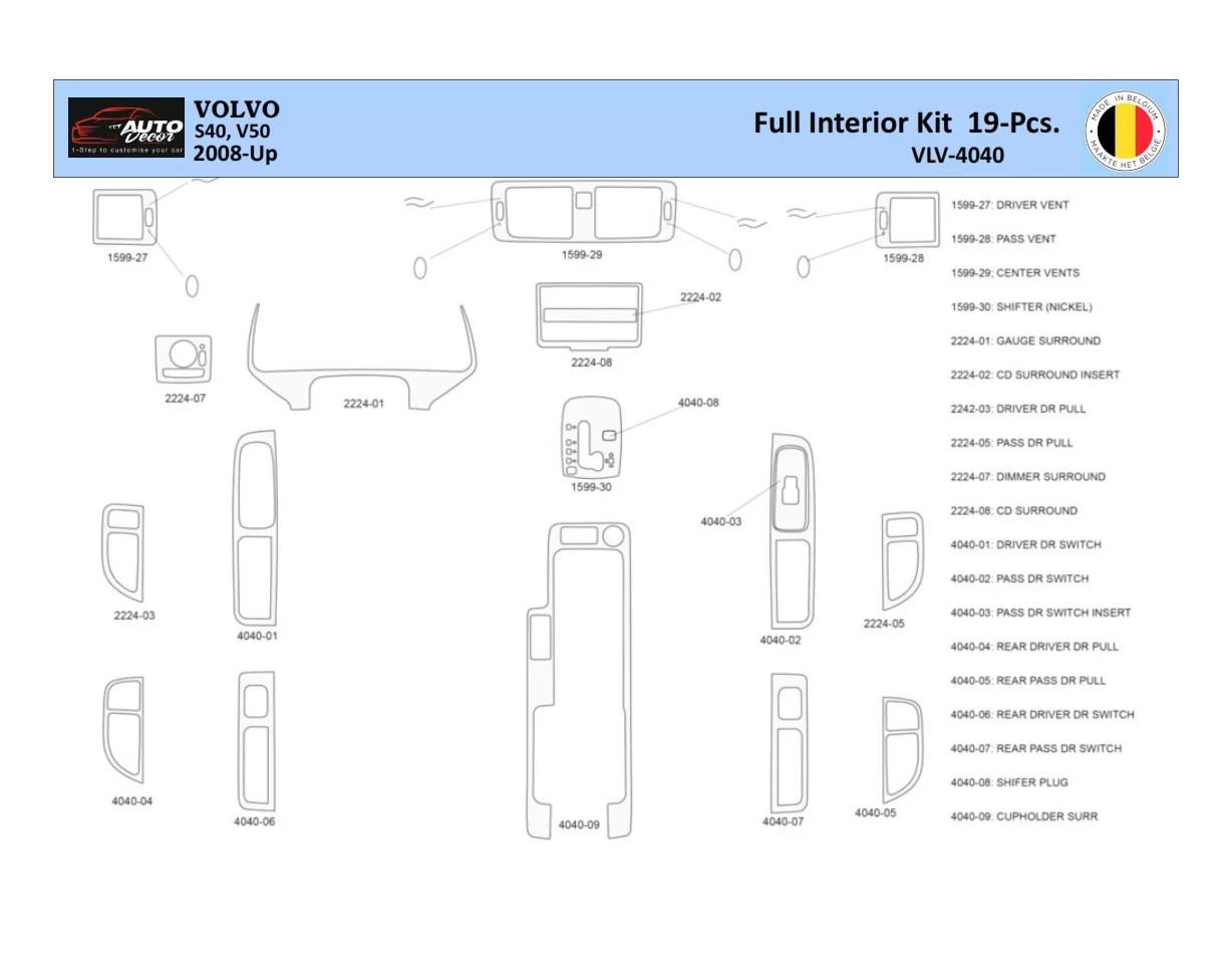 Volvo S40-V50 2004-2012 Intérieur WHZ Kit de garniture de tableau de bord 19 pièces - 1