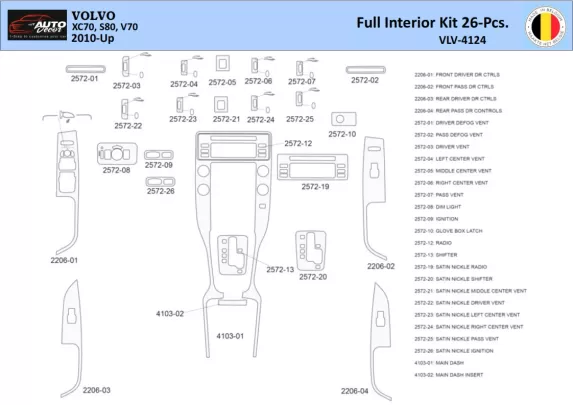 Volvo XC70-S80-V70 2008–2016 Interior WHZ Dashboard trim kit 26 Parts - 1 - Interior Dash Trim Kit
