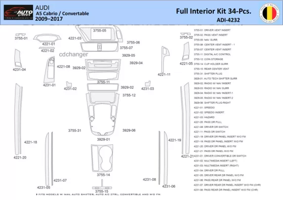 Audi A5 Cabrio 2008–2016 Intérieur WHZ Kit de garniture de tableau de bord 40 pièces - 1