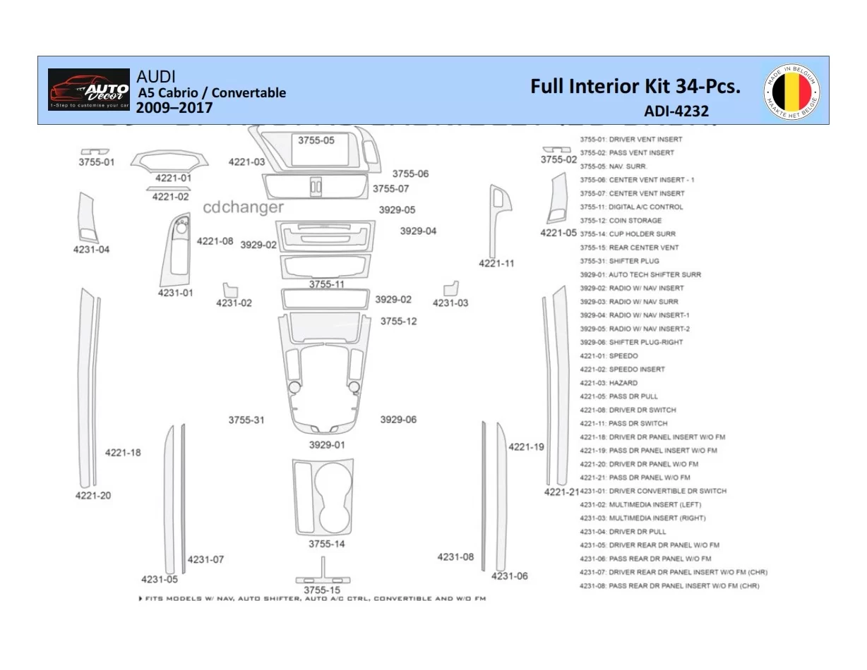 Audi A5 Cabrio 2008–2016 Intérieur WHZ Kit de garniture de tableau de bord 40 pièces - 1
