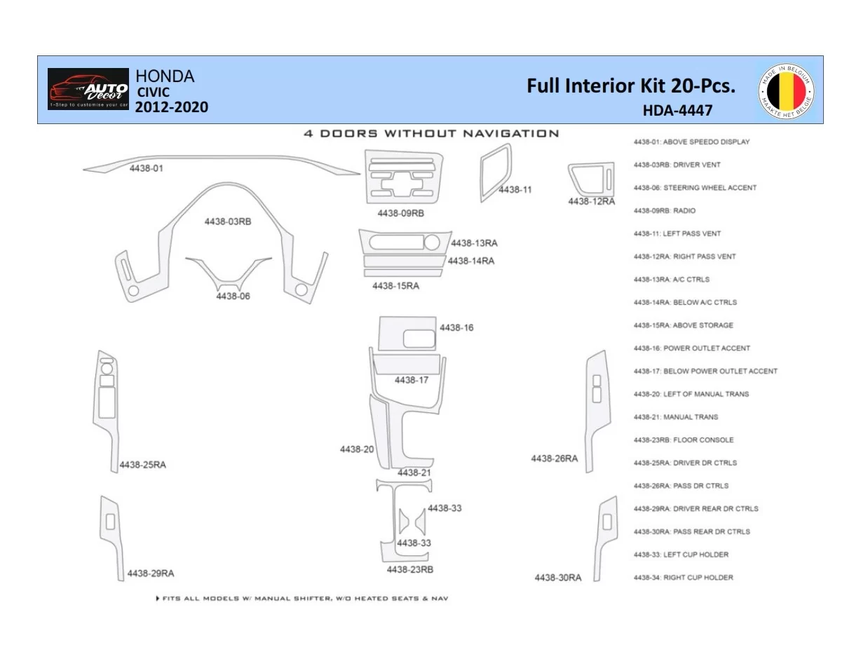 Honda Civic X 2012-2015 Intérieur WHZ Kit de garniture de tableau de bord 20 pièces - 1