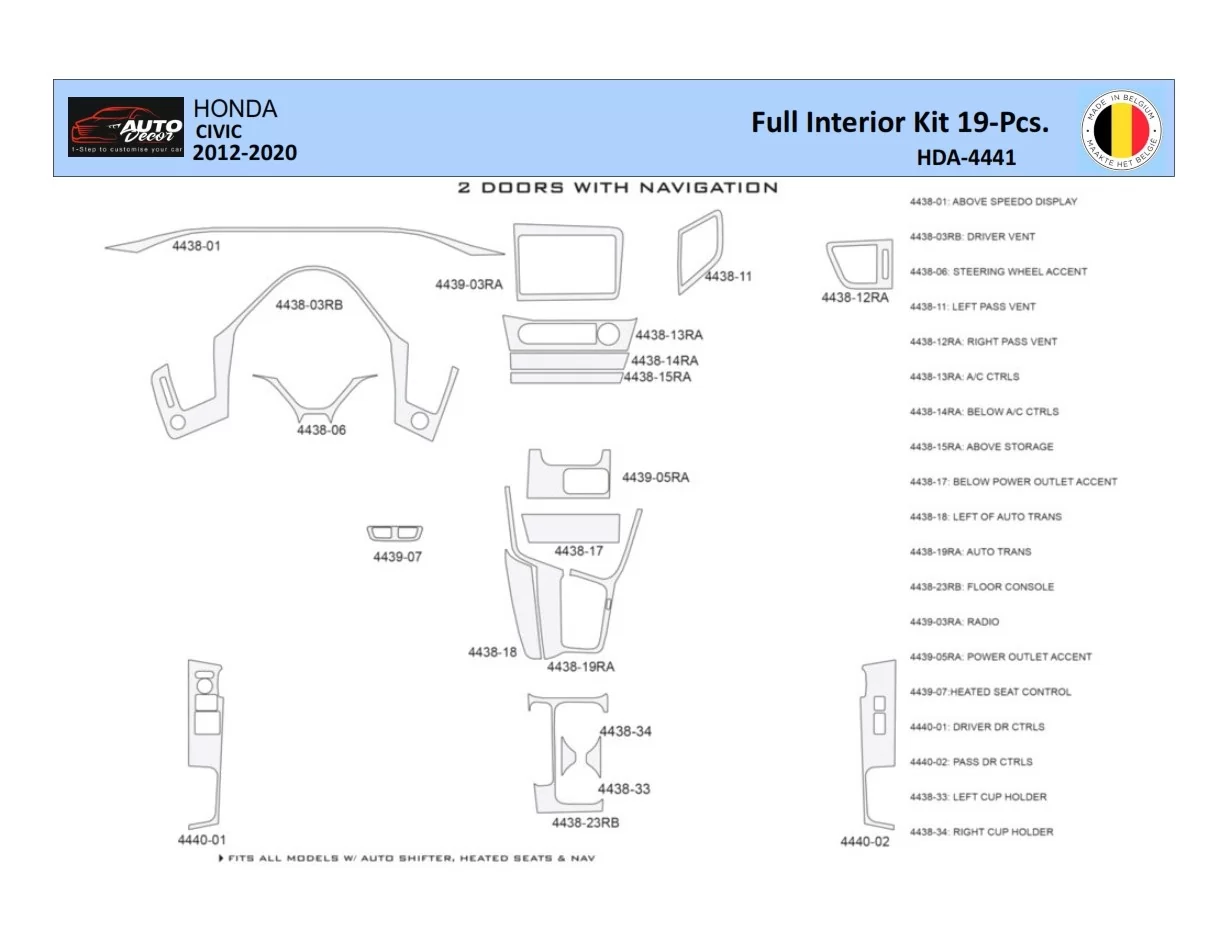 Honda Civic X 2012-2015 Intérieur WHZ Kit de garniture de tableau de bord 20 pièces - 1