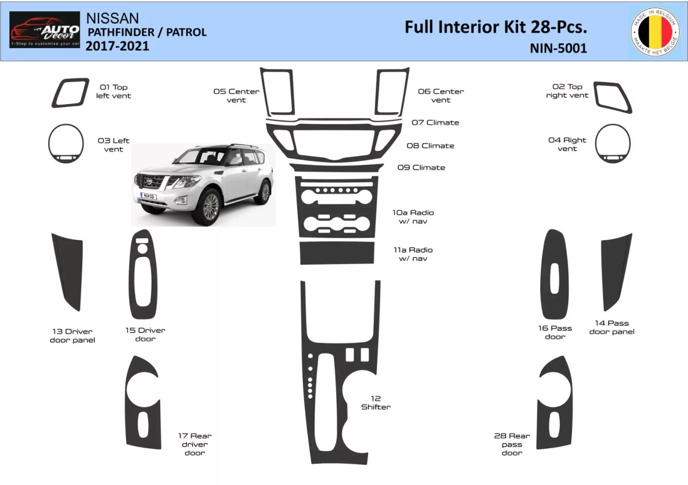 Nissan Pathfinder Patrol 2017-2021 Intérieur WHZ Kit de garniture de tableau de bord 28 pièces - 1