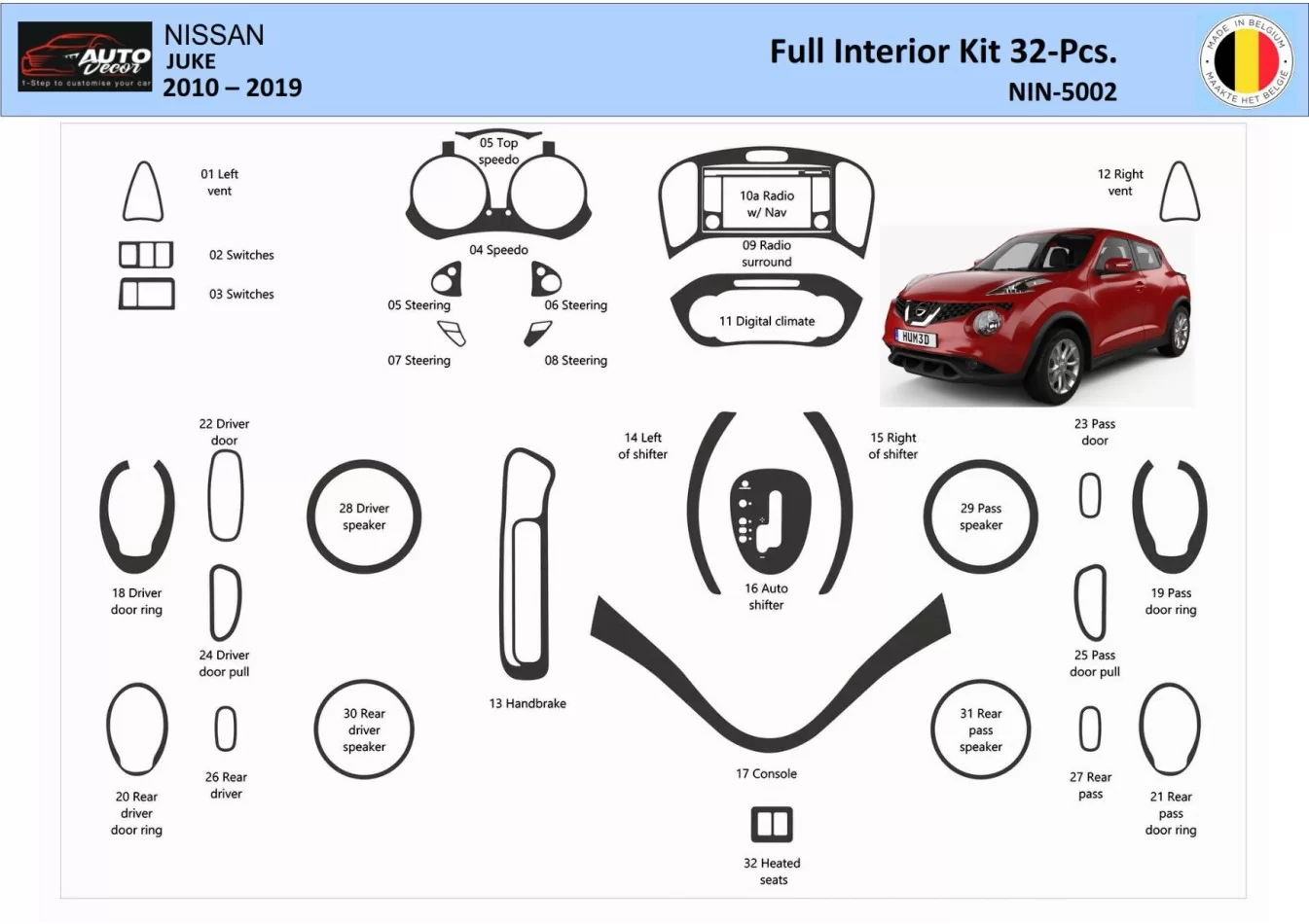 Nissan Juke 2011-2017 Inleg dashboard Interieurset aansluitend en pasgemaakt op he 32 -Teile - 1