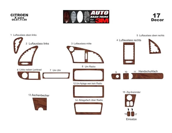 Citroen Xsara I 09.97-11.99 3D Interior Custom Dash Trim Kit 17-Parts