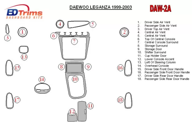 Daewoo Leganza 1999-2003 Ensemble complet de garnitures de tableau de bord intérieur BD - 1 Daewoo Leganza 1999-2003 Ensemble complet de garnitures de tableau de bord intérieur BD - 1