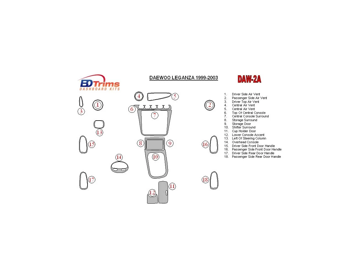 Daewoo Leganza 1999-2003 Ensemble complet de garnitures de tableau de bord intérieur BD - 1