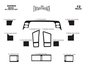 Daewoo Nexia 02.95-05.97 Kit de garniture de tableau de bord intérieur 3D Dash Trim Dekor 12 pièces