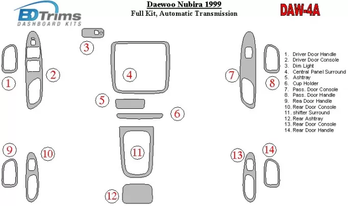 Daewoo Nubira 1999-1999 Volledige set, automatische versnellingsbak Interieur BD Dash Trim Kit - 1 Daewoo Nubira 1999-1999 Volledige set, automatische versnellingsbak Interieur BD Dash Trim Kit - 1
