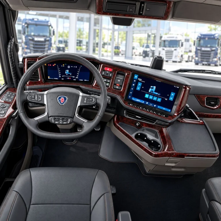 Scania NG-Series cabin illustration with wood-look dashboard and console trim